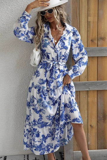 Blue Printed Lapel A Line Long Sleeves Summer Dress
